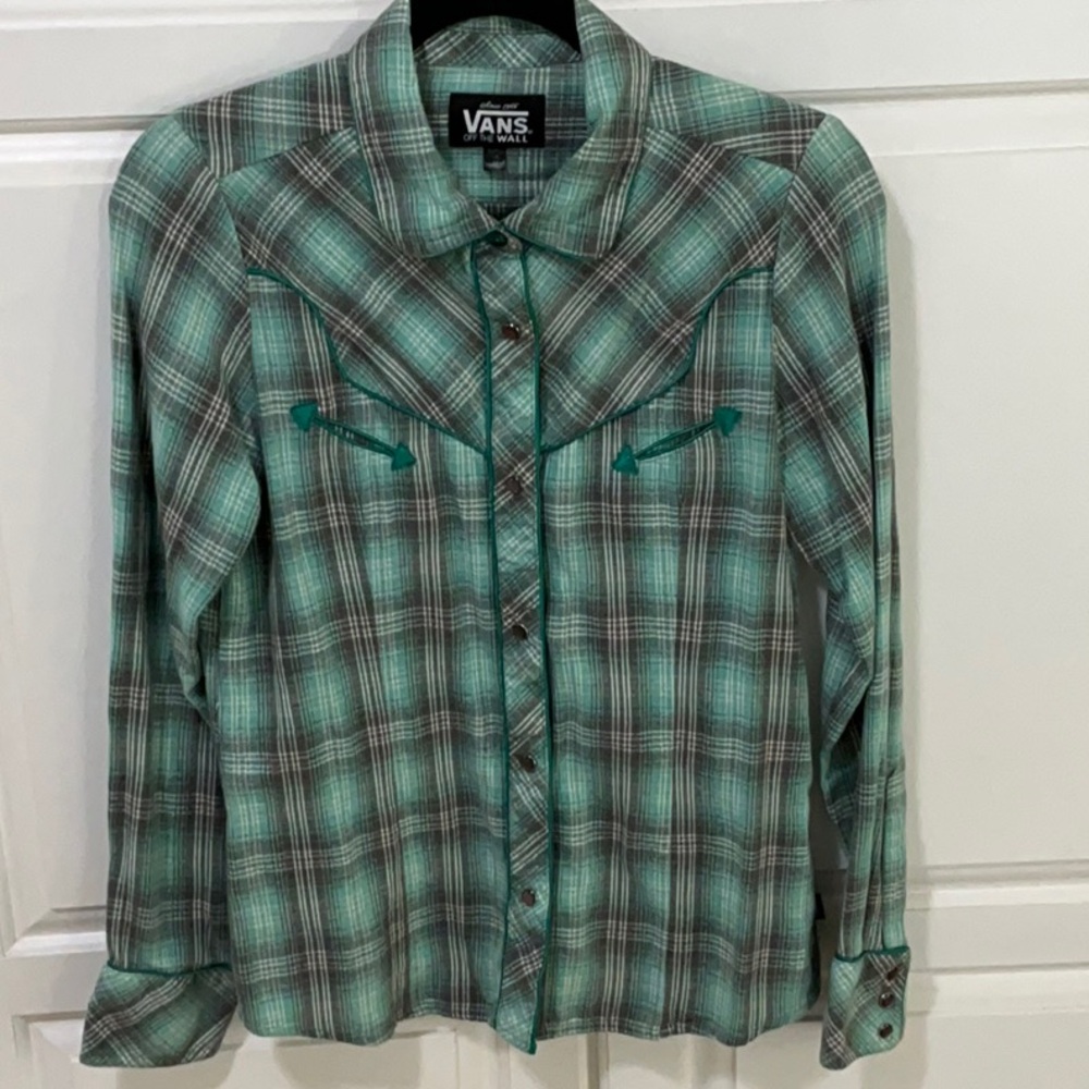 Vans Women’s Teal and Gray Plaid Western Shirt